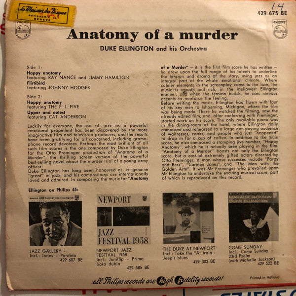 Duke Ellington And His Orchestra : Anatomy Of A Murder (7", EP)