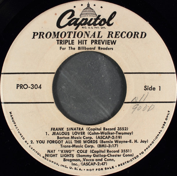 Frank Sinatra / Nat King Cole / Tennessee Ernie Ford : Triple Hit Preview For The Billboard Readers (7", Promo)