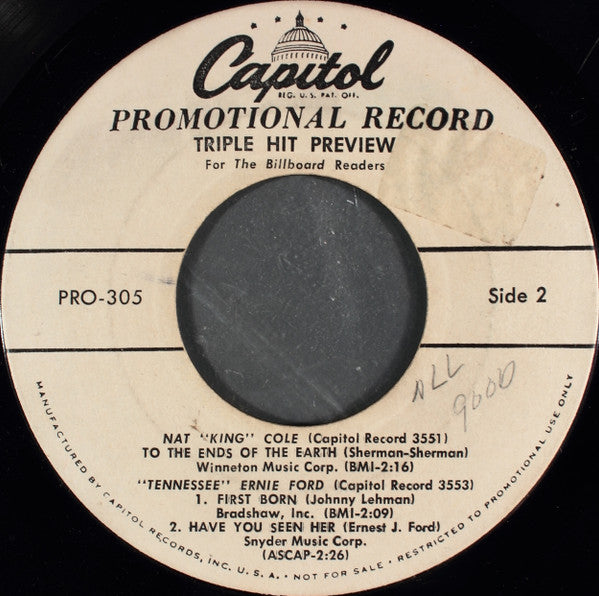 Frank Sinatra / Nat King Cole / Tennessee Ernie Ford : Triple Hit Preview For The Billboard Readers (7", Promo)