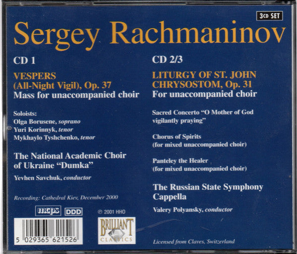 Sergei Vasilyevich Rachmaninoff : Vespers / Liturgy Of St. John Chrysostom (3xCD)