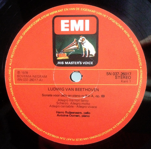 Ludwig van Beethoven, Harro Ruijsenaars, Antoine Oomen : Cellosonate Nr.3 In A, Op.69 / Variaties Over Een Thema Van Händel En Mozart (LP)
