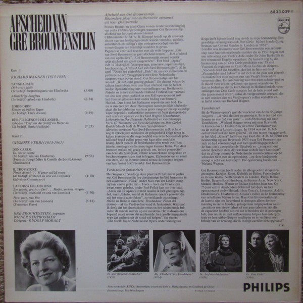 Gré Brouwenstijn, Richard Wagner, Giuseppe Verdi, Rudolf Moralt, Wiener Symphoniker : Afscheid Van Gré Brouwenstijn - Aria's Uit: Tannhäuser, Lohengrin, Der Fliegende Holländer, Don Carlo, Il Trovatore en La Forza Del Destino (LP, Album)
