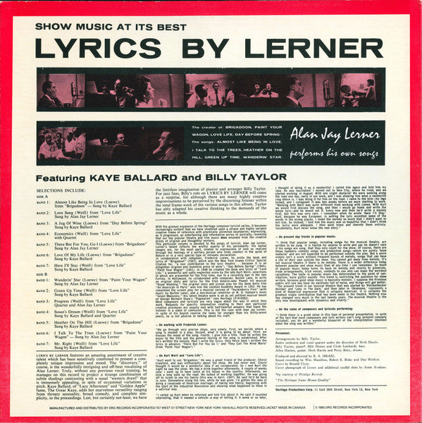 Kaye Ballard, Billy Taylor, Alan Jay Lerner : Lyrics By Lerner (LP, Mono)