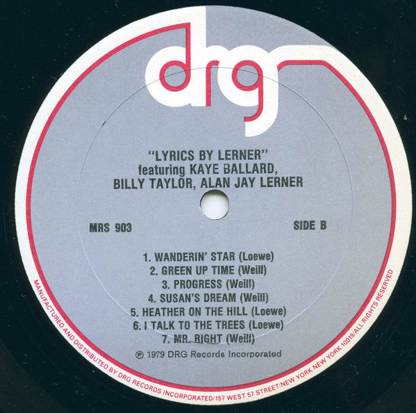 Kaye Ballard, Billy Taylor, Alan Jay Lerner : Lyrics By Lerner (LP, Mono)