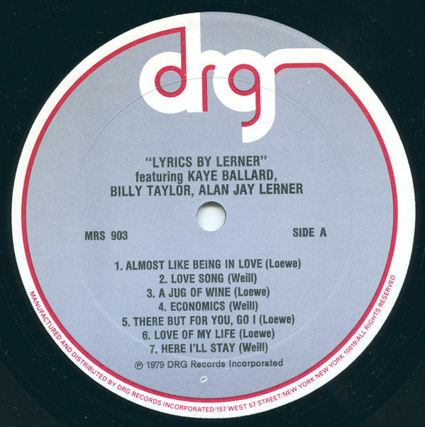 Kaye Ballard, Billy Taylor, Alan Jay Lerner : Lyrics By Lerner (LP, Mono)