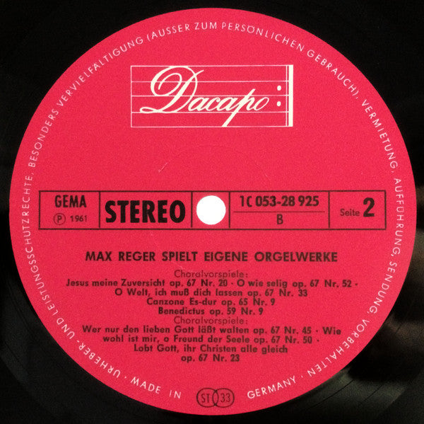 Max Reger : Max Reger Spielt Eigene Orgelwerke (LP)