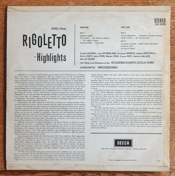 Verdi*, Macneil*, Sutherland*, Cioni* : Rigoletto - Highlights (LP, Album, Fir)