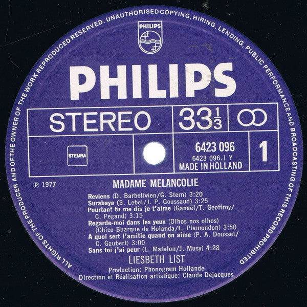 Liesbeth List : Madame Mélancolie (LP, Album)