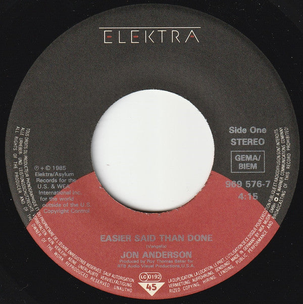 Jon Anderson : Easier Said Than Done / Three Ships (7", Single)