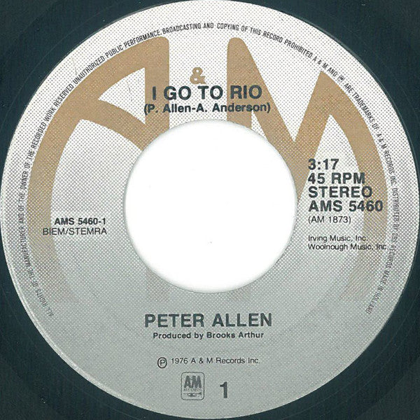 Peter Allen : I Go To Rio (7", Single)