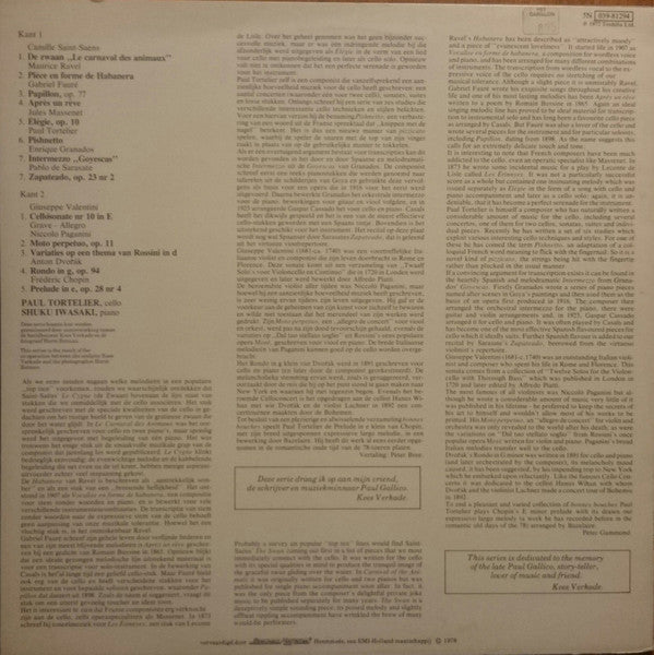 Paul Tortelier & Shuku Iwasaki : Cello & Piano (Saint-Saens: De Zwaan • Fauré: Papillon • Après Un Rêve • Sarasate: Zapateado • Paganini: Moto Perpetuo • Rossini-Variaties • E.v.a.) (LP, Album, RE)