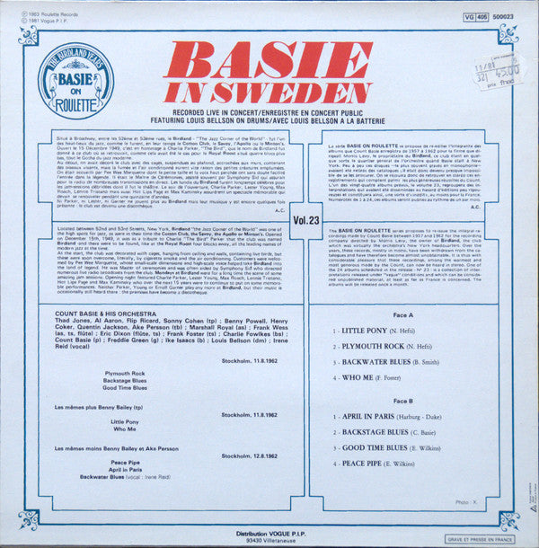 Count Basie Orchestra Featuring Louis Bellson : Basie In Sweden (LP, Album, RE)
