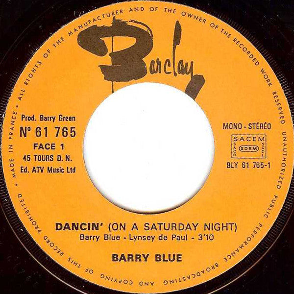Barry Blue : Dancin' (On A Saturday Night) (7", Single)