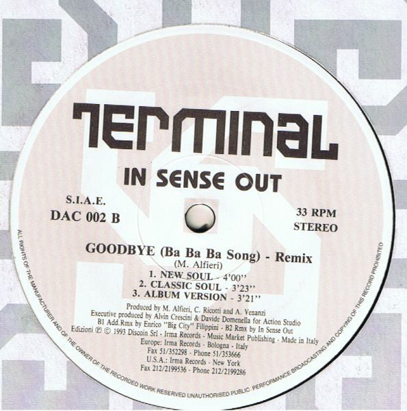 In Sense Out : Goodbye (Ba Ba Ba Song) (Remix) (12")