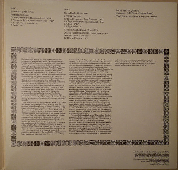 František Benda, Joseph Haydn, Christoph Willibald Gluck, Concerto Amsterdam, Frans Vester : Virtuose Flötenkonzerte Der Frühklassik (LP)