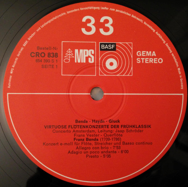 František Benda, Joseph Haydn, Christoph Willibald Gluck, Concerto Amsterdam, Frans Vester : Virtuose Flötenkonzerte Der Frühklassik (LP)