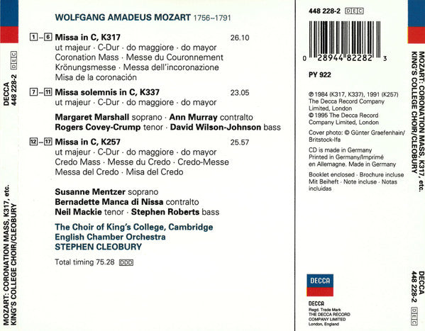 Wolfgang Amadeus Mozart, English Chamber Orchestra, The King's College Choir Of Cambridge, Stephen Cleobury : Coronation Mass, K.317 / Missa Solemnis, K.337 / Credo Mass, K.257 (CD, Album)