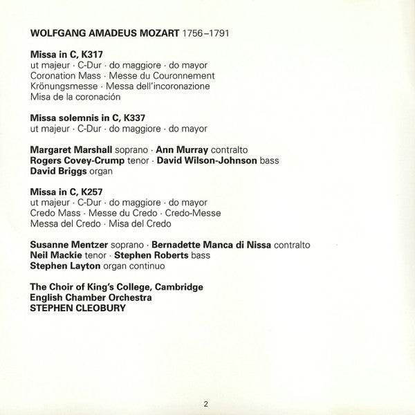 Wolfgang Amadeus Mozart, English Chamber Orchestra, The King's College Choir Of Cambridge, Stephen Cleobury : Coronation Mass, K.317 / Missa Solemnis, K.337 / Credo Mass, K.257 (CD, Album)