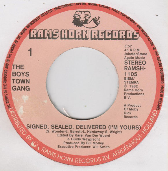Boys Town Gang : Signed, Sealed, Delivered (I'm Yours) (7", Single)