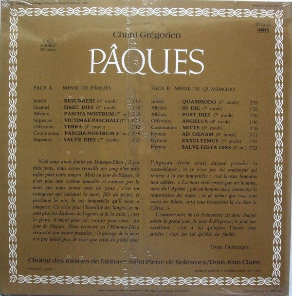 Chœur Des Moines De L'Abbaye Saint-Pierre De Solesmes / Dom Jean Claire : Pâques - Chant Grégorien (Messe Du Jour / Messe De Quasimodo) (LP)
