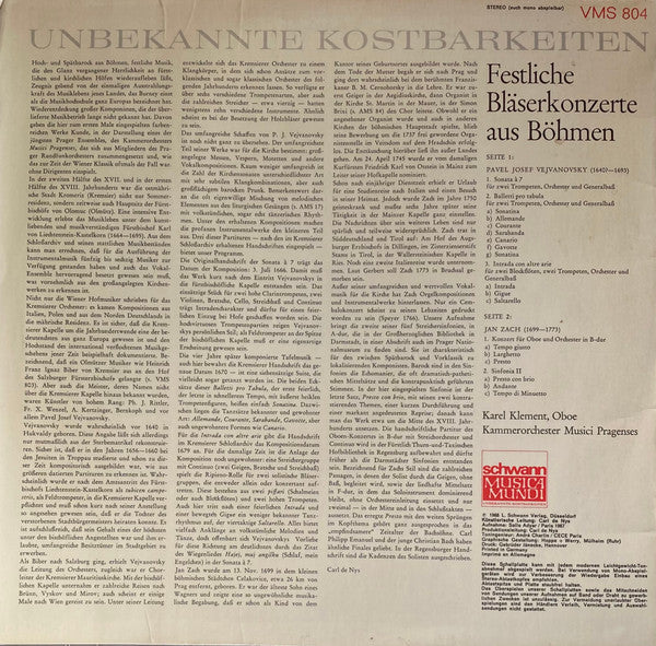 Pavel Josef Vejvanovský, Jan Zach, Karel Klement, Musici Pragenses : Festliche Bläserkonzerte Aus Böhmen (LP, Album)