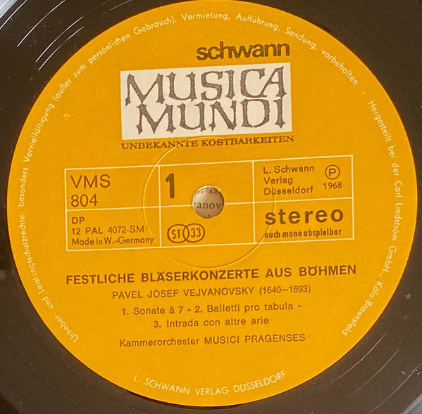 Pavel Josef Vejvanovský, Jan Zach, Karel Klement, Musici Pragenses : Festliche Bläserkonzerte Aus Böhmen (LP, Album)