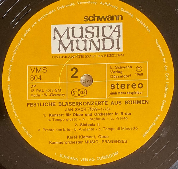 Pavel Josef Vejvanovský, Jan Zach, Karel Klement, Musici Pragenses : Festliche Bläserkonzerte Aus Böhmen (LP, Album)
