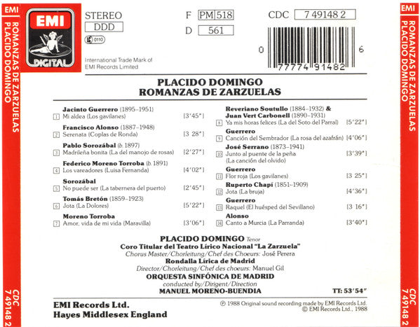 Placido Domingo : Romanzas De Zarzuelas (CD, Comp)