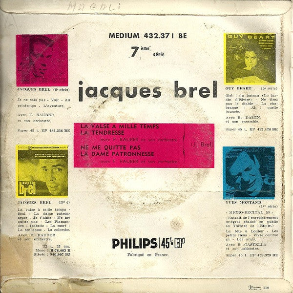 Jacques Brel : La Valse À Mille Temps (7", EP, Mono, RE)