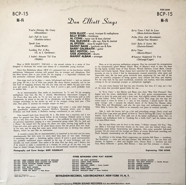 Don Elliott : Don Elliot Sings (LP, Album, Mono, RE)