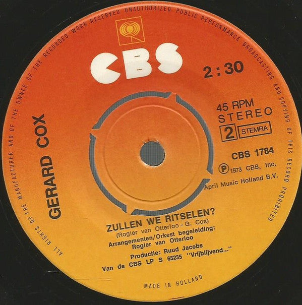 Gerard Cox : 't Is Weer Voorbij, Die Mooie Zomer (7", Single, 4-P)