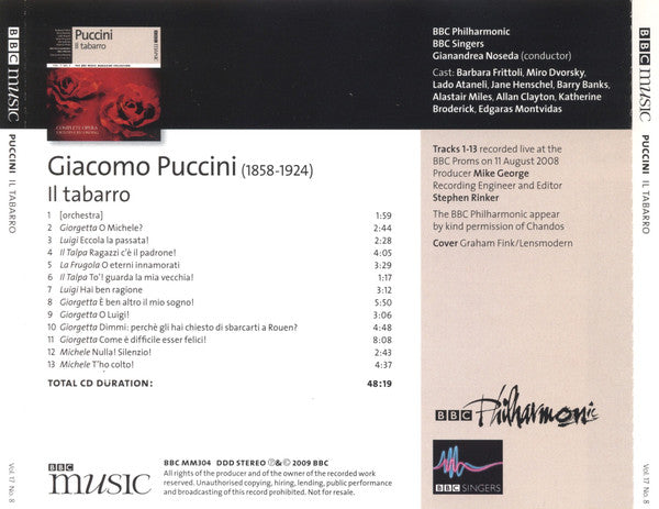 Giacomo Puccini - Barbara Frittoli, Miroslav Dvorský, Lado Ataneli, Jane Henschel, Barry Banks, Alastair Miles, BBC Philharmonic, BBC Singers, Gianandrea Noseda : Il Tabarro (CD)