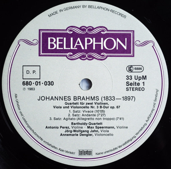 Bartholdy Quartett - Johannes Brahms / Anton Webern : Streichquartett Nr. 3 B~Dur Op. 67 / Langsamer Satz (1905), Rondo (1906) (LP, Album)