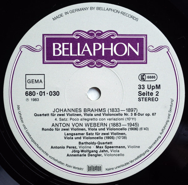 Bartholdy Quartett - Johannes Brahms / Anton Webern : Streichquartett Nr. 3 B~Dur Op. 67 / Langsamer Satz (1905), Rondo (1906) (LP, Album)