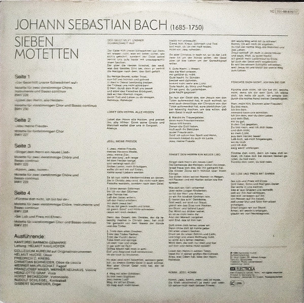 Johann Sebastian Bach - Kantorei Barmen-Gemarke, Collegium Aureum Leitung Helmut Kahlhöfer : Sieben Motetten (2xLP)