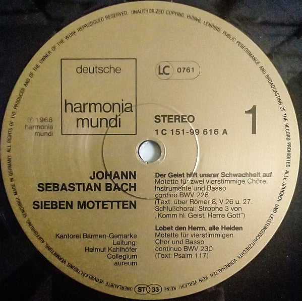Johann Sebastian Bach - Kantorei Barmen-Gemarke, Collegium Aureum Leitung Helmut Kahlhöfer : Sieben Motetten (2xLP)
