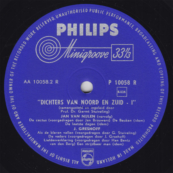 J.C. Bloem, Jan van Nijlen, Jan Greshoff : Dichters Van Noord En Zuid 1 (10", Mono)