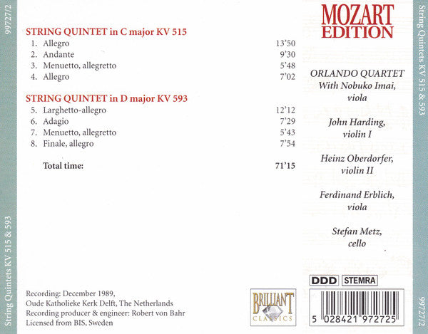 Wolfgang Amadeus Mozart - Orlando Quartet, Nobuko Imai, John Harding (3), Heinz Oberdorfer, Ferdinand Erblich, Stefan Metz : String Quintets KV 515 / 593 (CD, Album)