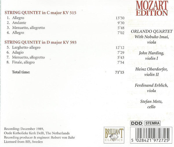 Wolfgang Amadeus Mozart - Orlando Quartet, Nobuko Imai, John Harding (3), Heinz Oberdorfer, Ferdinand Erblich, Stefan Metz : String Quintets KV 515 / 593 (CD, Album)