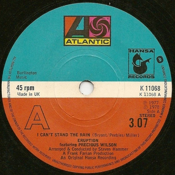 Eruption (4) Featuring Precious Wilson : I Can't Stand The Rain (7", Single)