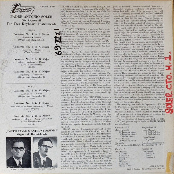 Padre Antonio Soler, Anthony Newman & Joseph Payne : 6 Concerti For 2 Keyboard Instruments (LP)
