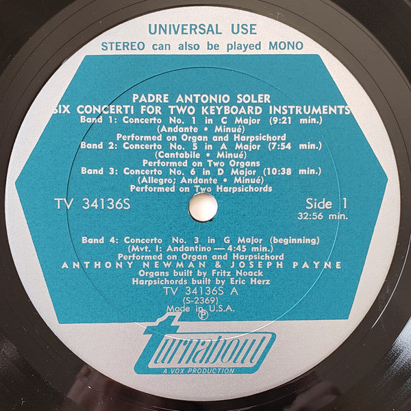 Padre Antonio Soler, Anthony Newman & Joseph Payne : 6 Concerti For 2 Keyboard Instruments (LP)