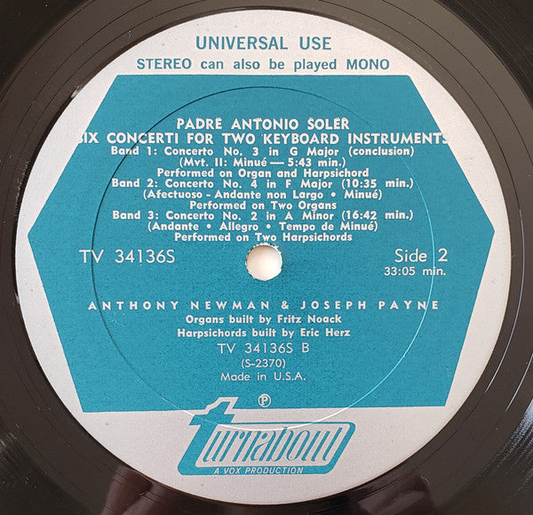 Padre Antonio Soler, Anthony Newman & Joseph Payne : 6 Concerti For 2 Keyboard Instruments (LP)