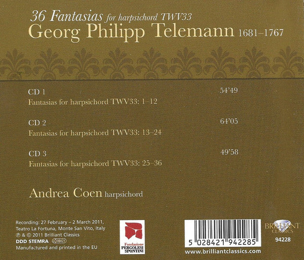 Georg Philipp Telemann, Andrea Coen : 36 Fantasias for harpsichord - TWV33 (3xCD, Album)