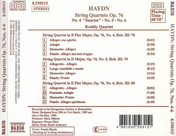 Joseph Haydn - Kodály Quartet : String Quartets Op. 76 (No. 4 "Sunrise" • No. 5 • No. 6) (CD)