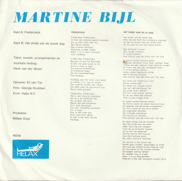 Martine Bijl : Frederiekje / Het Einde Van De 6e Dag (7", Single, Mono)
