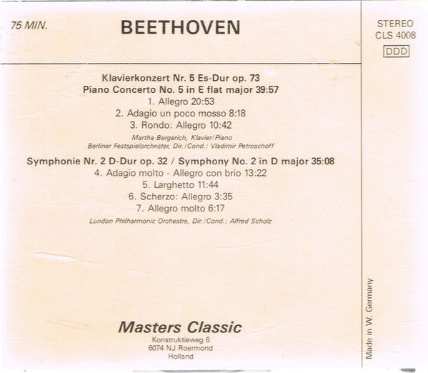 Ludwig van Beethoven, Berliner Festspielorchester, Vladimir Petroschoff, London Philharmonic Orchestra (2), Alfred Scholz : Klavierkonzert Nr. 5  Piano Concerto No.5 Symphony No.2 (CD, Comp, DDD)