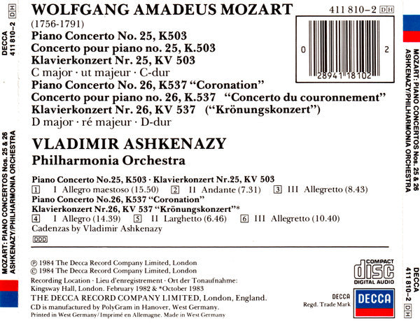 Wolfgang Amadeus Mozart, Philharmonia Orchestra, Vladimir Ashkenazy : Piano Concertos No.25, K503 & No.26, K537 (CD)