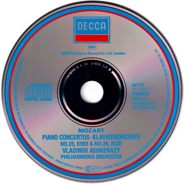 Wolfgang Amadeus Mozart, Philharmonia Orchestra, Vladimir Ashkenazy : Piano Concertos No.25, K503 & No.26, K537 (CD)