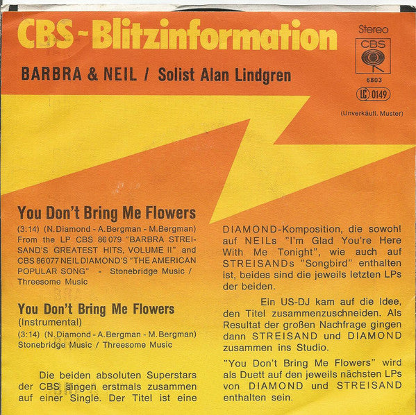 Barbra Streisand & Neil Diamond : You Don't Bring Me Flowers (7", Single, Promo)